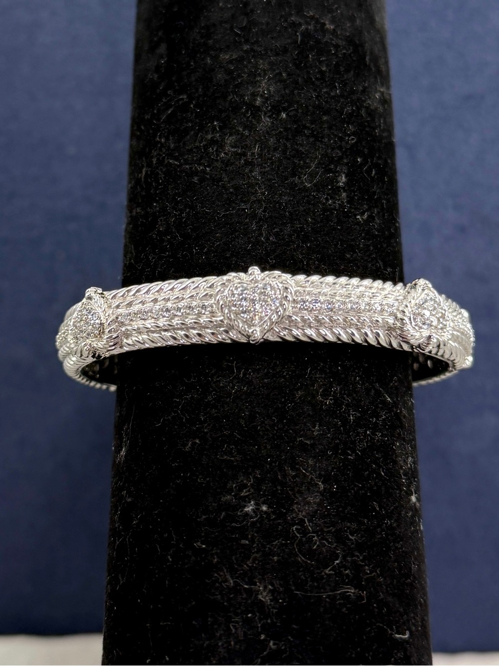 JUDITH RIPKA 925 Sterling Silver CZ Diamonique 3 Hearts Hinged Cuff Bracelet